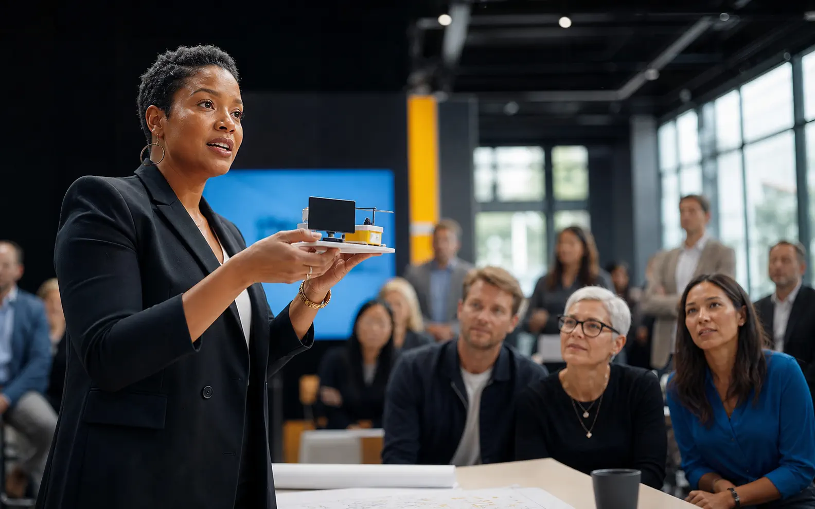 A workforce leader presents a practical prototype to an intergenerational group in a modern innovation studio.