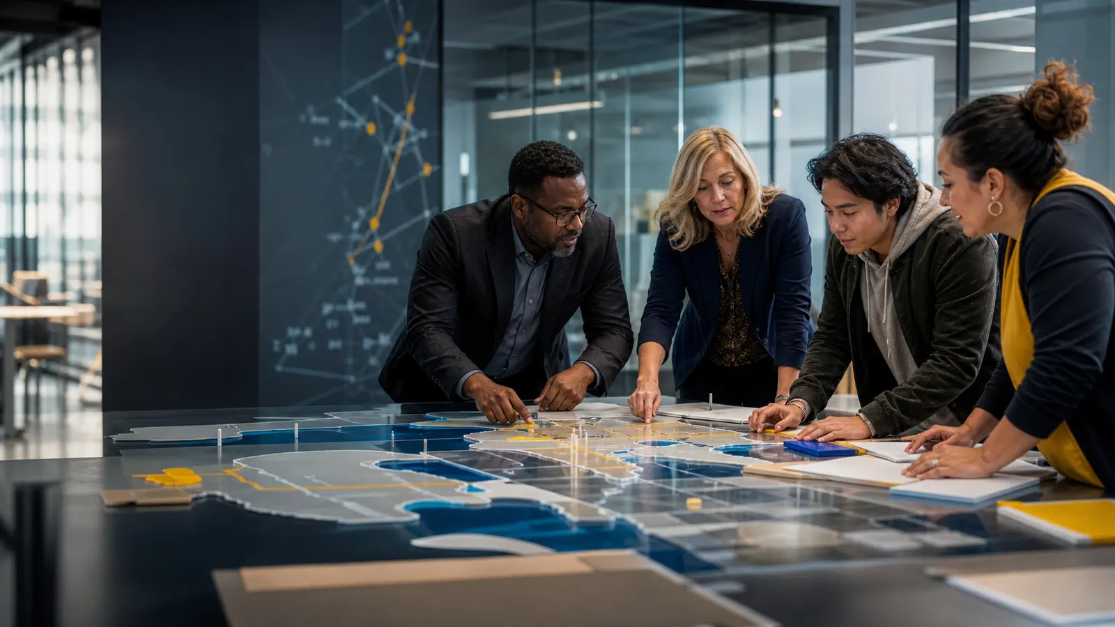 Public-sector, college, business and workforce representatives collaborate around a regional skills map.