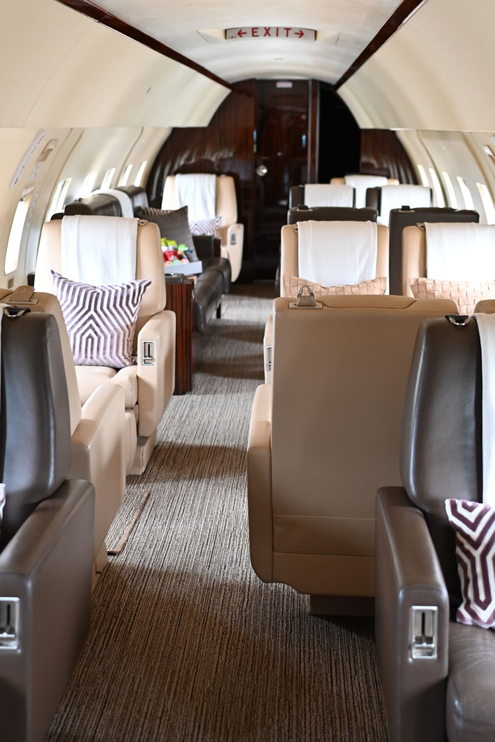 The aisle of a private jet cabin, looking towards the rear, with patterned cushions on the leather seats.