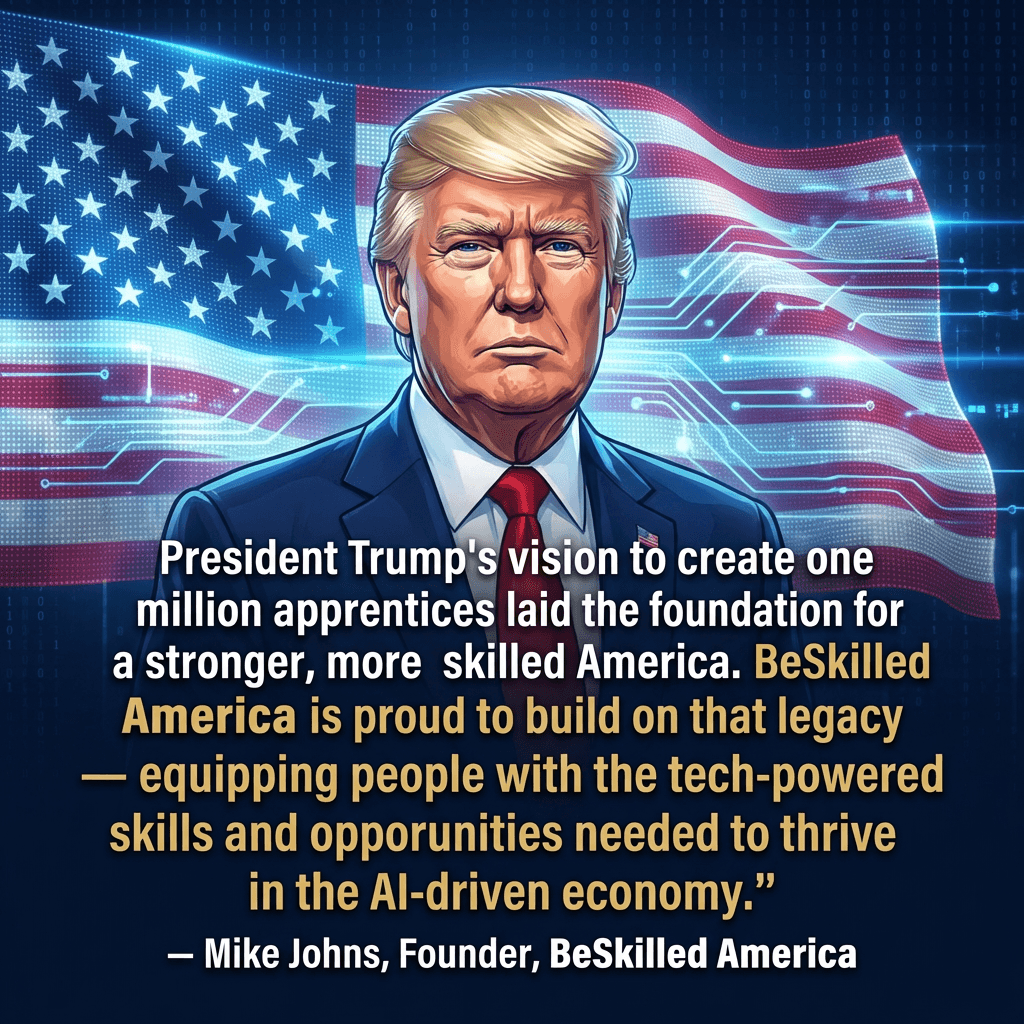 Illustrated campaign card. It reads: “President Trump’s vision to create one million apprentices laid the foundation for a stronger, more skilled America. BeSkilled America is proud to build on that legacy — equipping people with the tech-powered skills and opportunities needed to thrive in the AI-driven economy.” — Mike Johns, Founder, BeSkilled America.