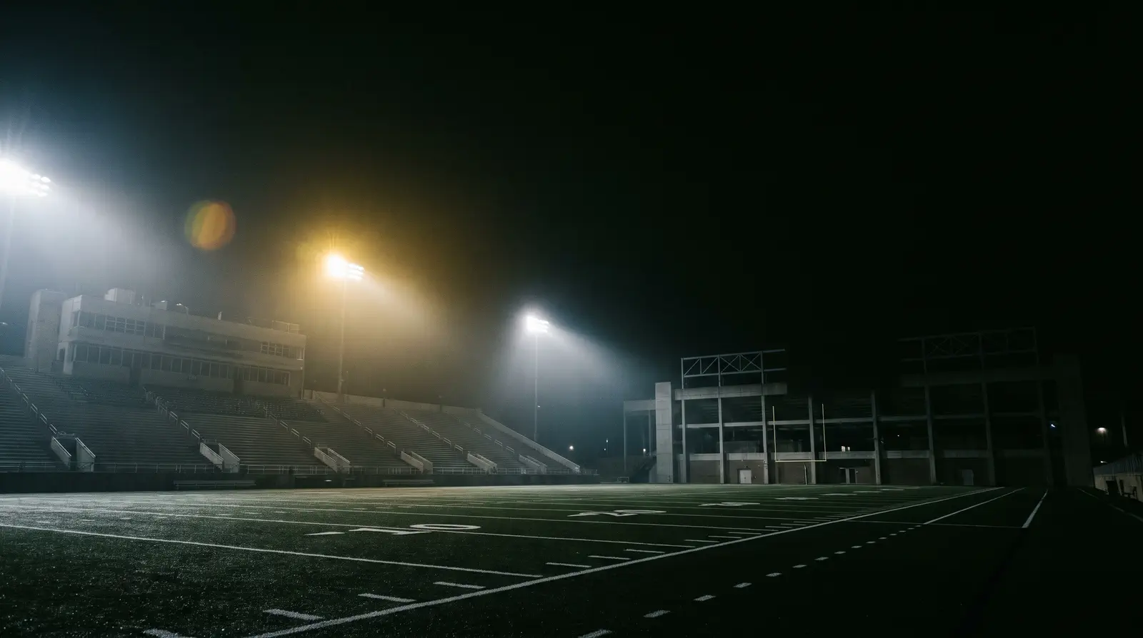 A floodlit stadium at night, seen from the sideline, with the field receding into darkness.
