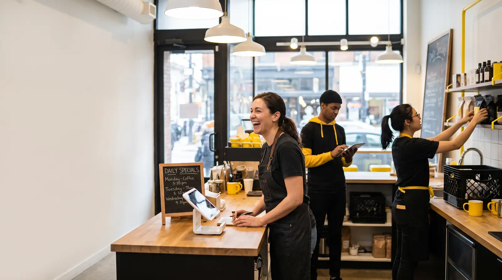 A small business owner working with their team inside a neighbourhood storefront.