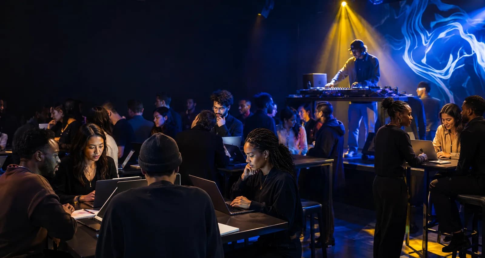 Adult creators collaborate on laptops while a DJ performs in a dramatically lit event studio.